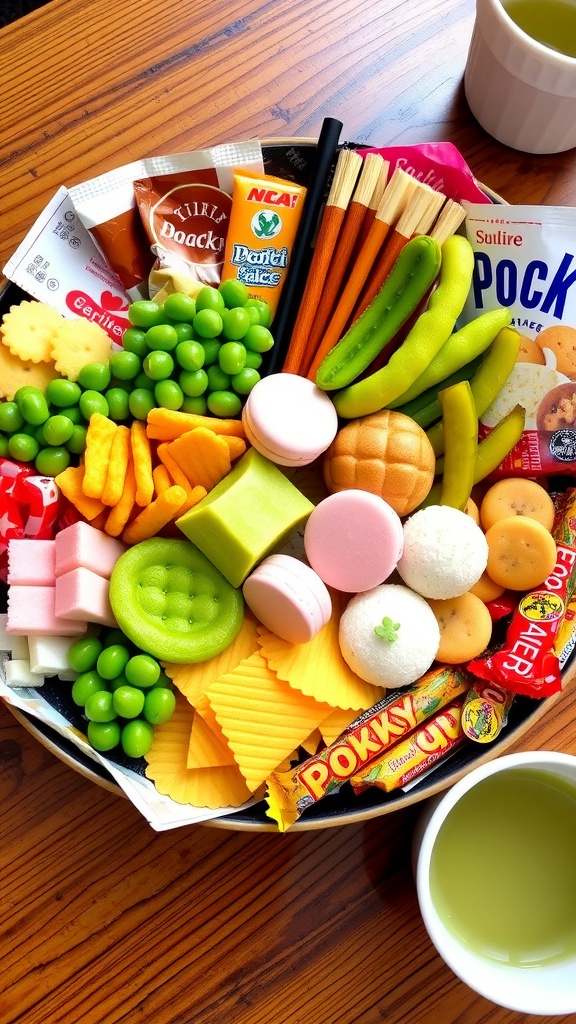 A vibrant Japanese snack platter with assorted snacks including rice crackers, wasabi peas, mochi, and Pocky, accompanied by green tea.